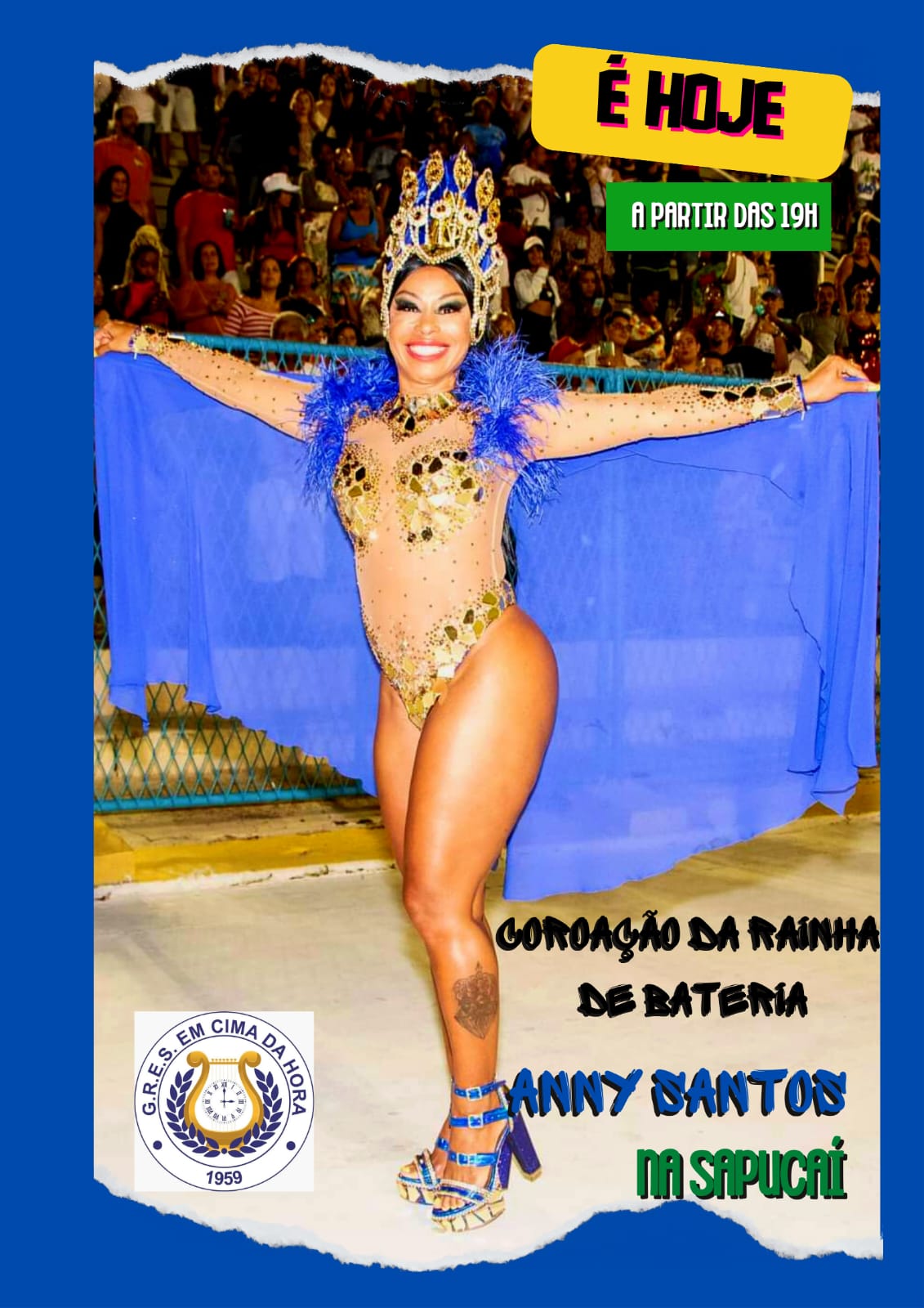 A Escola de Samba Em Cima da Hora promete agitar a Sapucaí e coroar a rainha de bateria durante o ensaio técnico
